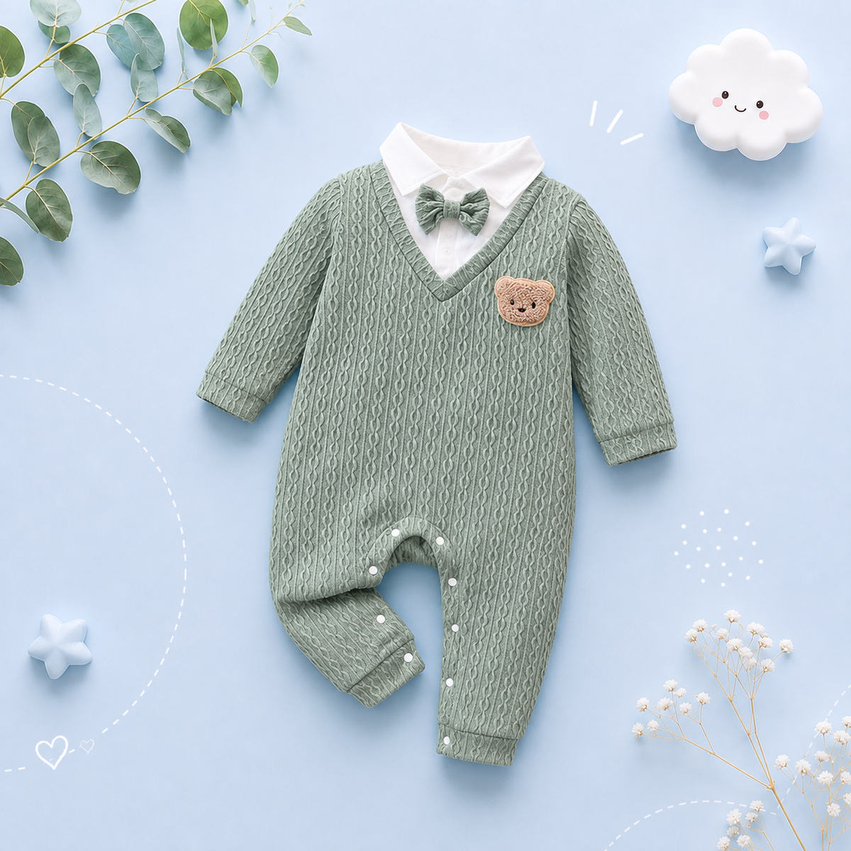 The Ellis - Baby Boy Long Sleeve Bodysuit – Lapel Collar Bow Spring Autumn Outfit