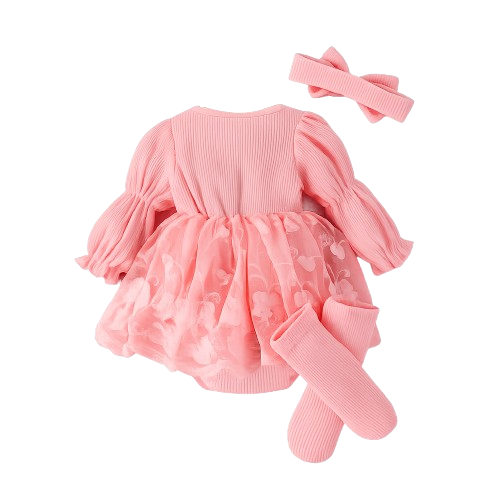 The Zariyah - Baby Girl Princess Waffle Lace Romper Dress & Socks Long Sleeve Outfit