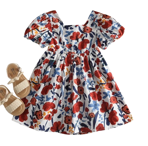 The Aurora - Baby Girl Floral Princess Dress Backless Tie Bow Puff Sleeve