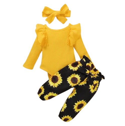The Sidney - Newborn Baby Girl 3PC Outfit Set – Ruffle Romper, Bow Top & Pants