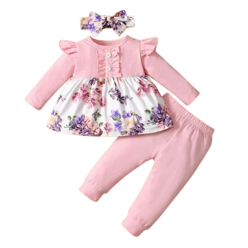 The Sidney - Baby Girl 3PC Outfit Ruffle Romper Bow Top & Print Pants Set