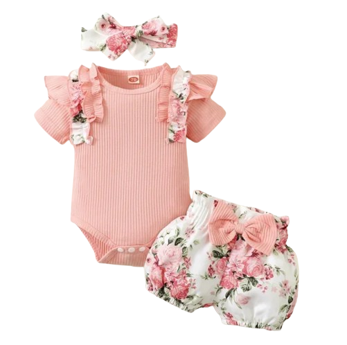 The Sidney - Baby Girl 3PC Outfit Ruffle Romper Bow Top & Print Pants Set
