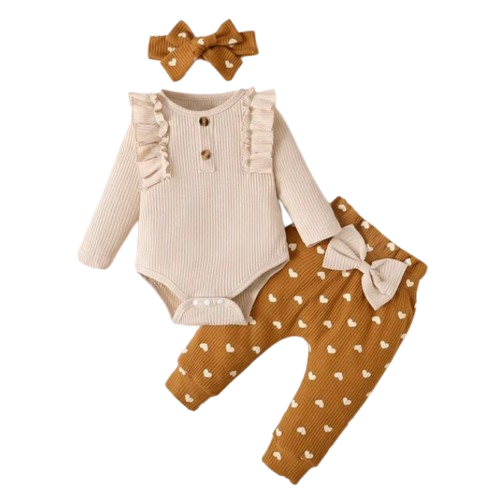The Sidney - Newborn Baby Girl 3PC Ruffle Romper Bow Top + Pants Outfit Set