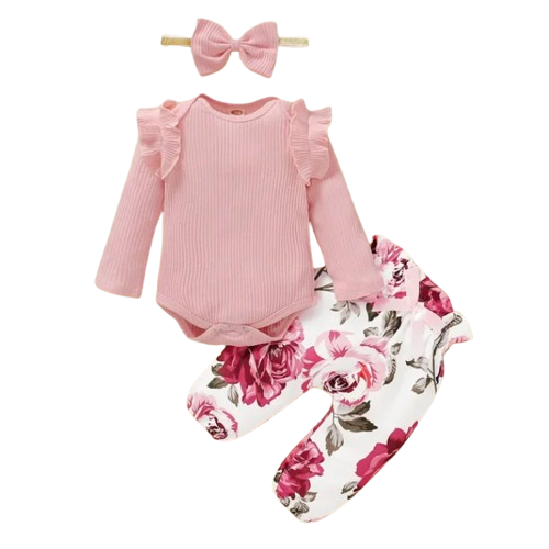 The Sidney - Baby Girl 3PC Outfit Ruffle Romper Bow Top & Print Pants Set