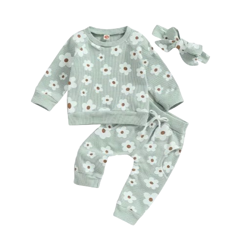 The Kaeli - Baby Girl Princess Floral Long Sleeve Sweatshirt Tops + Pants Bow + Headband