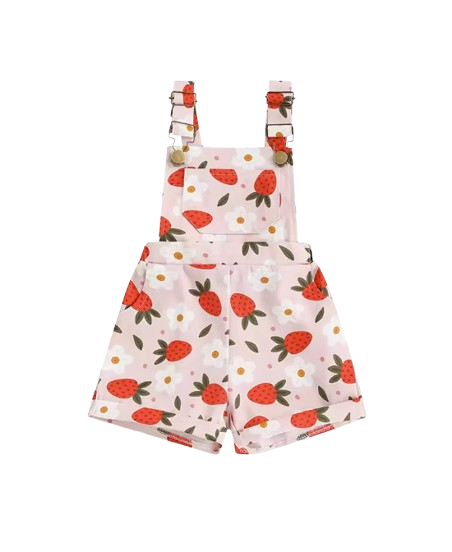 The Alina - Baby Girl Strawberry/Flower Print Denim Sleeveless Straps Buttons Pockets Overalls