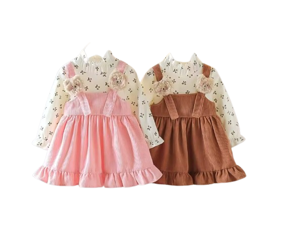 The Juliette - Baby Girl Long Sleeve Dress Floral Lovely Bear Corduroy Strap Style Dress