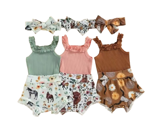 The Elsie - Baby Girl Off Shoulder Romper Tops + Bull Print Short Pants + Head Band