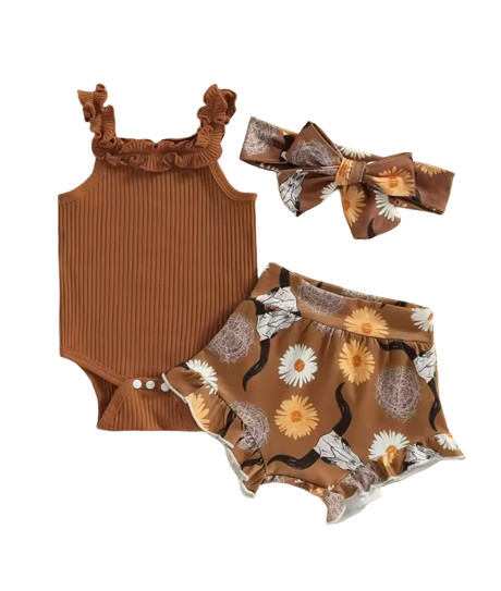 The Elsie - Baby Girl Off Shoulder Romper Tops + Bull Print Short Pants + Head Band