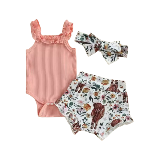 The Elsie - Baby Girl Off Shoulder Romper Tops + Bull Print Short Pants + Head Band