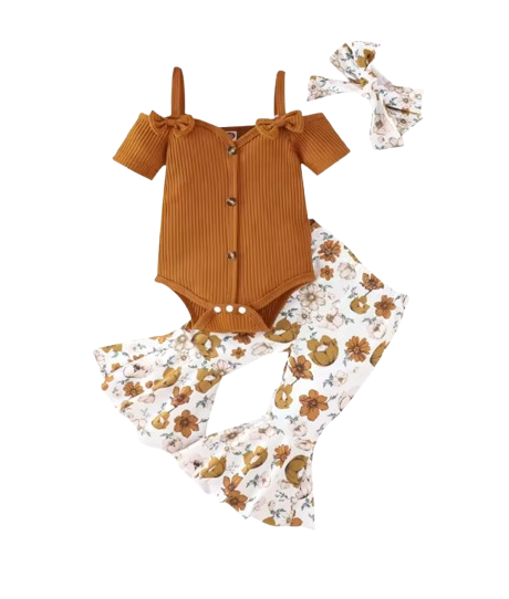The Genevieve - Baby Girl Ribbed Off Shoulder Short Sleeve Button Bodysuits + Floral Flare Long Pants + Headband