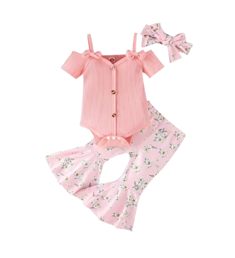 The Genevieve - Baby Girl Ribbed Off Shoulder Short Sleeve Button Bodysuits + Floral Flare Long Pants + Headband