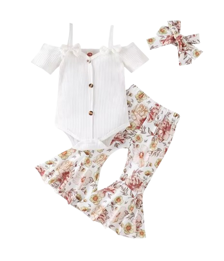 The Genevieve - Baby Girl Ribbed Off Shoulder Short Sleeve Button Bodysuits + Floral Flare Long Pants + Headband