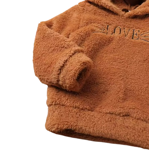 The June - Baby Unisex Love Print Embroidered Brown Cute Fur Hoodie + Pants