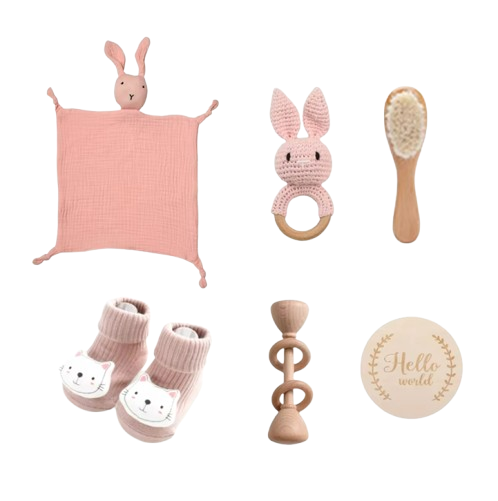 The Lukas - Baby Unisex 7PCS Newborn Bath Pink Rabbit Set Gift Box
