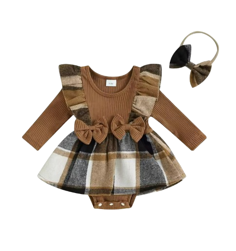 The Gemma - Baby Girl Long Sleeve Ruffle Houndstooth Print Patchwork Romper With Headband