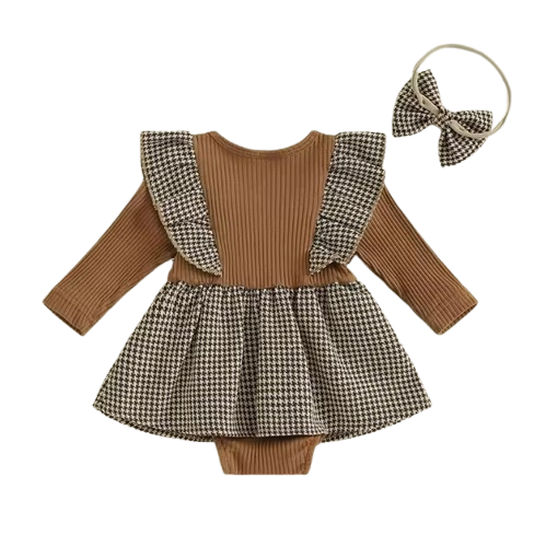 The Gemma - Baby Girl Long Sleeve Ruffle Houndstooth Print Patchwork Romper With Headband