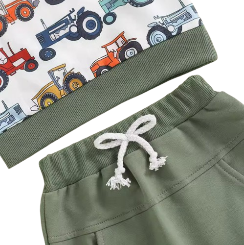 The Simon - Baby Boy Long Sleeve Crew Neck Tractor Print Sweatshirt with Elastic Waist Sweatpants