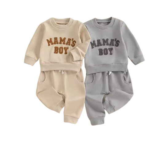 The Marcus - Baby Boy "Mama's Boy" Embroidered Letter Crewneck Sweatshirt + Casual Pants