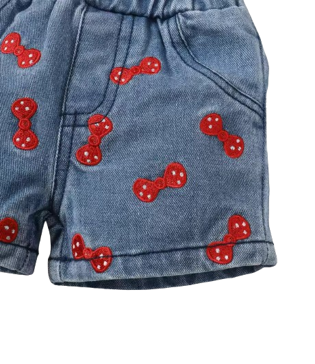 The Jasmine - Baby Girl Pure Red Suspender + Embroidered Printed Denim Shorts