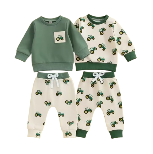 The Paul - Baby Boy Green Spring Outfit Tractor Long Sleeve Sweatshirt + Long Pants