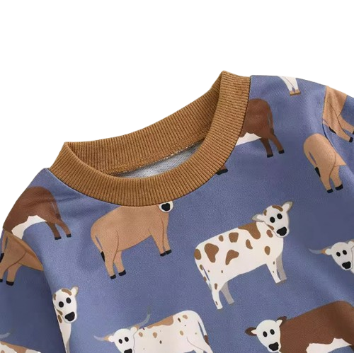 The Cody - Baby Boy Cow Print Long Sleeve Sweatshirt + Long Pants