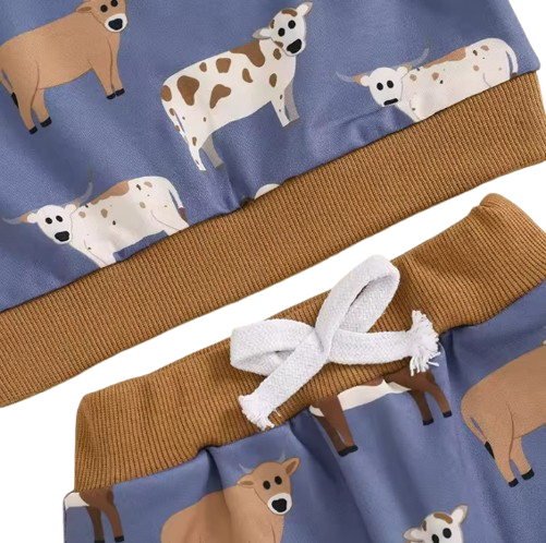 The Cody - Baby Boy Cow Print Long Sleeve Sweatshirt + Long Pants