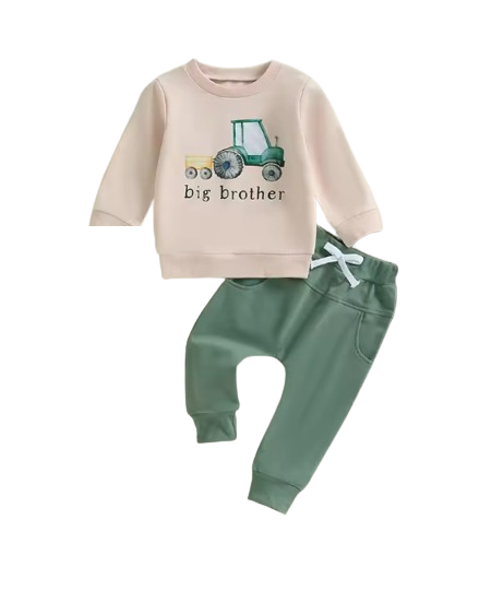 The Josue - Baby Boy Big Brother Long Sleeve O Neck Letter Tractor Print Tops Solid Color + Pants Sets