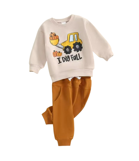 The Hendrix - Baby Boy "I Dig Fall" Print Halloween Outfit Trucker Pumpkin Print Long Sleeve Sweatshirt and Elastic Pants