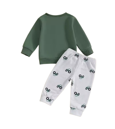 The Bryce - Baby Boy "This Is How I Roll" Tractor Print Long Sleeve Sweatshirt + Elastic Waist Pants