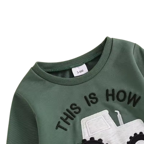 The Bryce - Baby Boy "This Is How I Roll" Tractor Print Long Sleeve Sweatshirt + Elastic Waist Pants