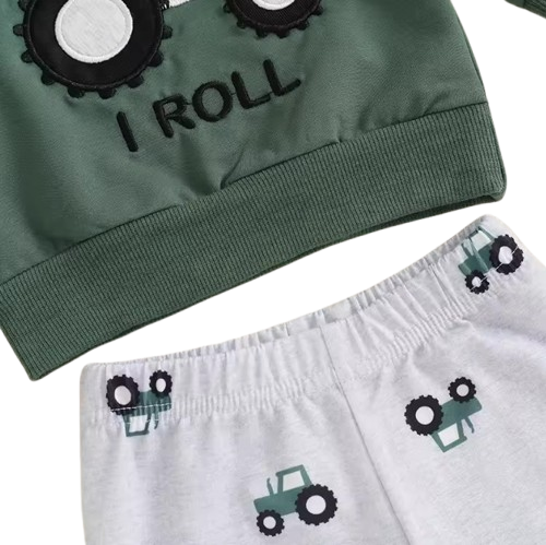 The Bryce - Baby Boy "This Is How I Roll" Tractor Print Long Sleeve Sweatshirt + Elastic Waist Pants