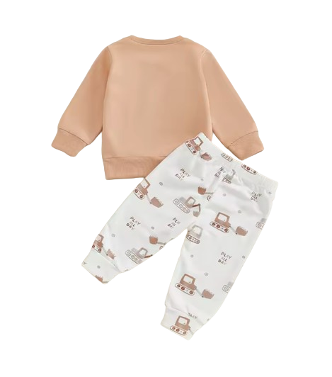 The Bodhi - Baby Boy White Car Embroidery Long Sleeve Pullover Sweatshirt + Elastic Waist Pants