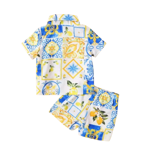 The Bryan - Baby Boy Lemon Printed Shirt Top+Same Color Printed Shorts Hawaiian Style Set