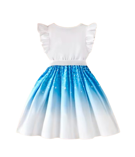 The Diana - Baby Girl Blue Round Neck Flutter Sleeve Ruffle Dress with Butterfly Digital Print