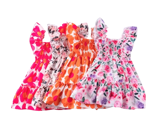 The Reagan - Baby Girl Dark Pink Floral Fly Sleeve Sleeveless Princess Dress