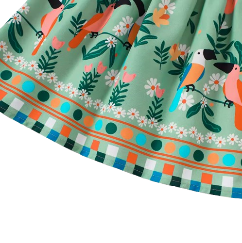 The Faith - Baby Girl Green Small Fly Sleeve Plants and Animal Print Dress