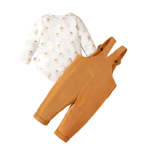 The Darcy - Baby Unisex Orange Bear Print Bodysuit with Overall Fashion