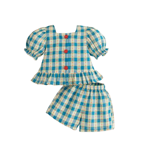 The Maisie - Baby Girl Blue Green Plaid Colour Bubble Sleeve Top & Shorts Set