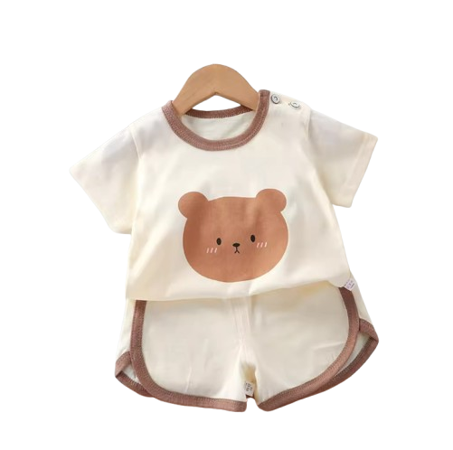 The Clark - Baby Unisex Brown Bear Cartoon Print Beige T-Shirt & Shorts Set