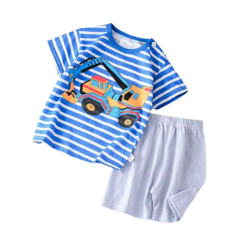 The Rowen - Baby Boy Cartoon Excavator Striped T-Shirt + Shorts