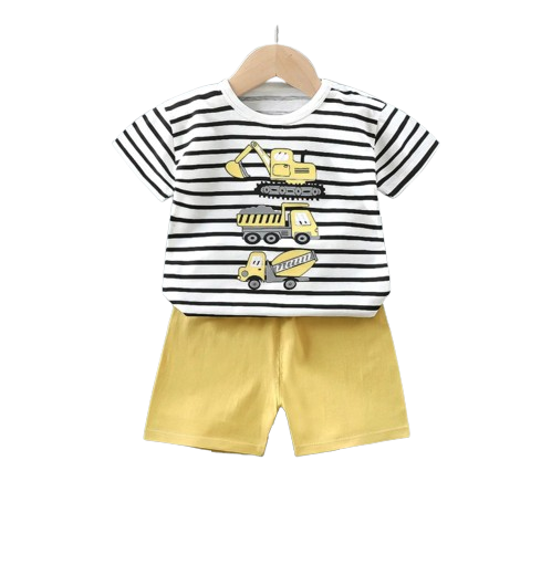 The Isaias - Baby Boy Yellow Tractor Cartoon Tracksuits Short Sleeve Tshirt + Shorts