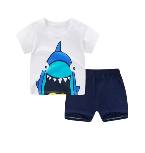 The Zayne - Baby Boy Blue Shark Cartoon Print T-shirt + Loose Shorts