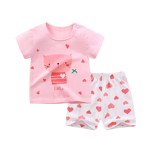The Zayne - Baby Girl Pink Cat Little Girl Cartoon Print T-shirt + Loose Shorts