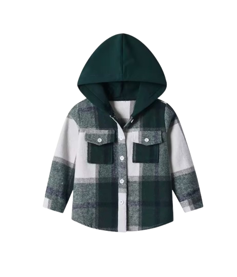 The Francis - Baby Boy Dark GReen Hooded Plaid Long Sleeved Shirt Button Casual Tops
