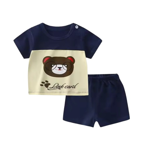 The Royce - Baby Boy Brown Bear Print Casual Short Sleeve Tracksuits Thin Loose Tops Set
