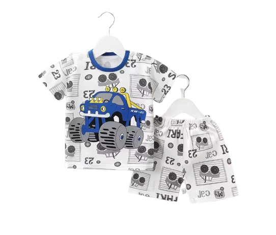 The Kyson - Baby Boy Cartoon Blue Truck Print Short-Sleeved Shorts Two-Piece Set