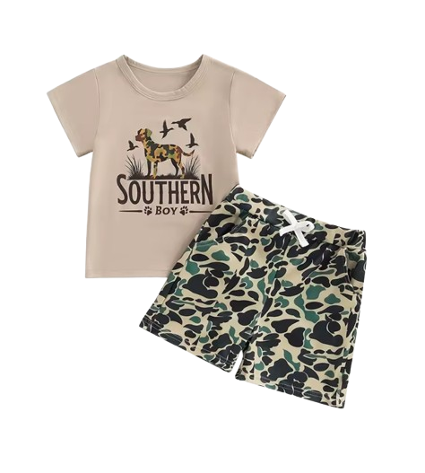 The Zaire - Baby Boy Southern Boy Dog Print Outfit Short Sleeve T-shirts Elastic + Waist Shorts