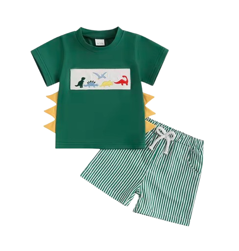 The Corbin - Baby Boy Short Sleeve 5 Dino Print T-Shirts Striped Elastic + Waist Shorts