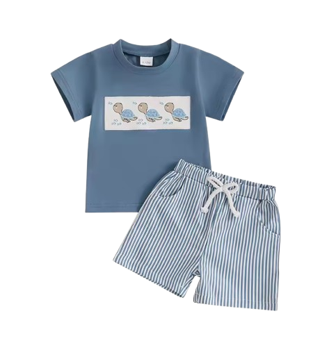 The Corbin - Baby Boy Short Sleeve Blue Dino Print T-Shirts Striped Elastic + Waist Shorts
